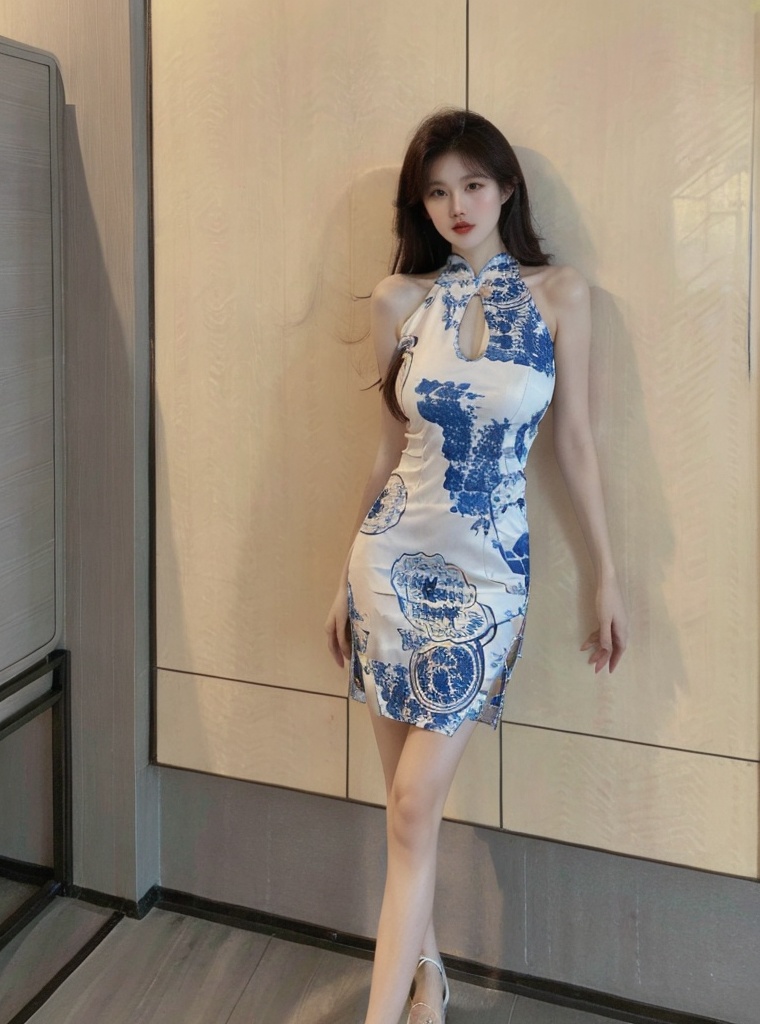(masterpiece, best quality:1.4),finely detailed,1girl,solo,pale skin,perfect body,(gigantic breasts:1.2),standing,<lora:性感蓝色旗袍4-000008:0.8>,china dress,chinese clothes,clothing cutout,