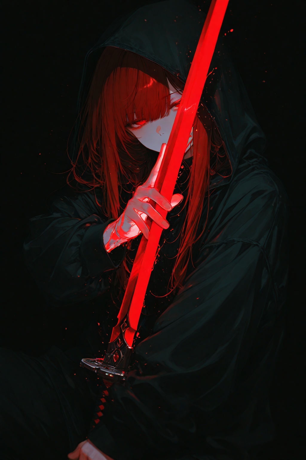 masterpiece,best quality,amazing quality,very aesthetic,absurdres,newest,(yoneyama mai),(noyu (noyu23386566)),(wanke:1.1),(senpen:1.1),lineart,monochrome,(red sword:1.2),(fighting stance:1.2),(disheveled hair:1.1),(dark theme:1.2),chiaroscuro,foreshortening,(colorful splashes:1.1),(shining:1.1),(focus on face:1.1),Glowing skin,Strong contrast,long sleeves,simple background,red eyes,weapon,hood,black background,sword,hooded jacket,jacket,hood up,red long hair,glowing,half-closed eyes,looking at viewer,