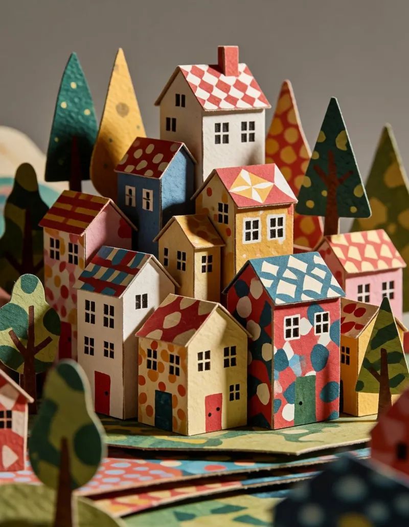 a tiny paper town with stacked houses and cutout trees,  with richly patterned hide and visually distinctive coloration,...