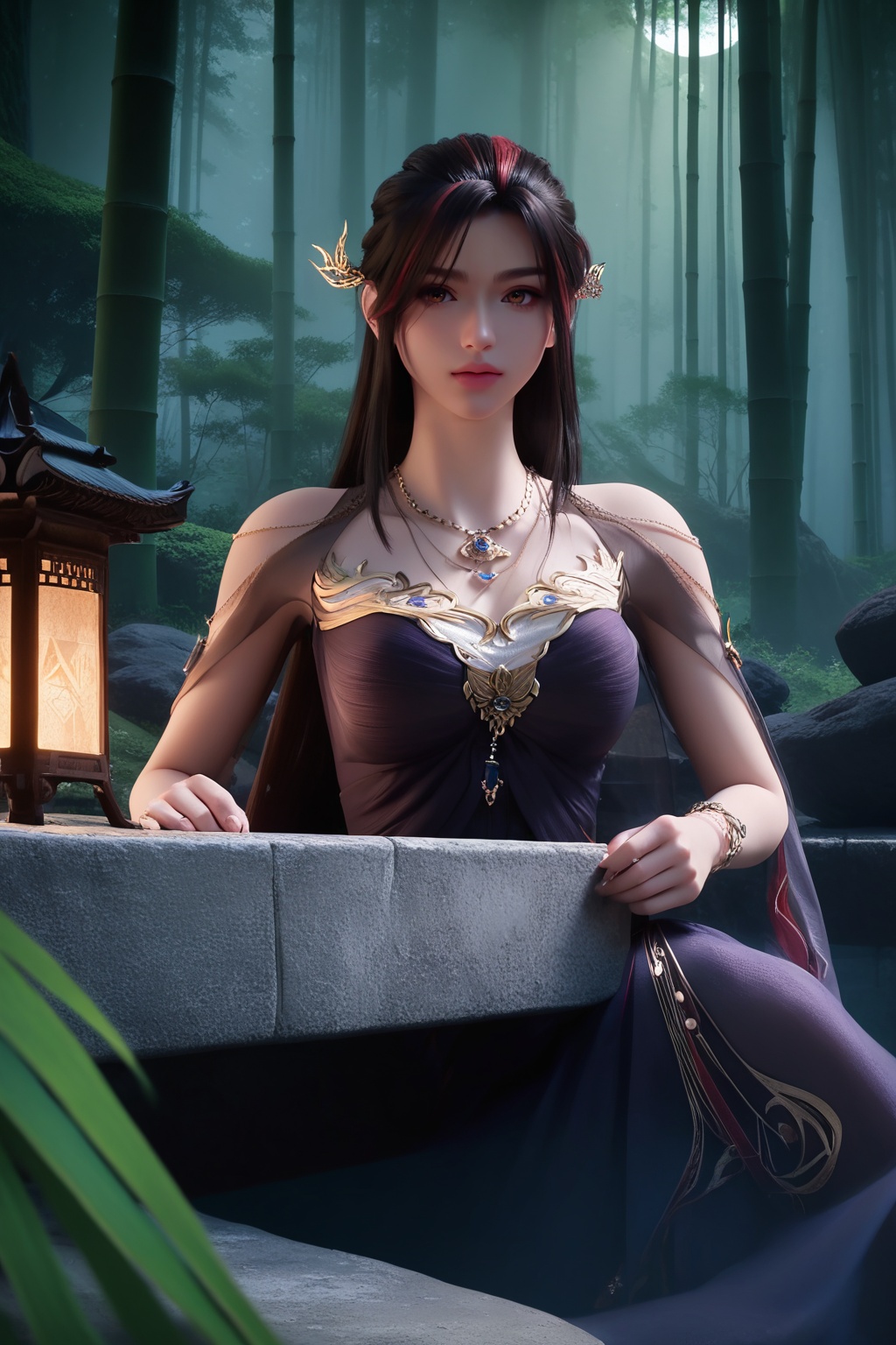 (Seated on a stone bench in a sun-drenched garden, she reads a book, her mind immersed in another world:1.2),looking at viewer,<lora:XL16神国之上赵襄儿黑纱:0.85>,miss zhaoxianger,black corset gown,brown eyes,black hair,red streaked hair,very long hair,hair ornament,jewelry,(large breasts:1.2),bamboo forest,water,stone,pondel,, score_9,score_8_up,score_7_up,score_6_up,score_5_up,score_4_up,3d rendering,tag1,tag2, Cinematic Lighting,backlighting,