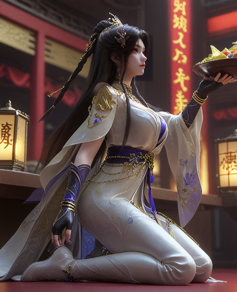 (oriental architecture, elegant decor, sophisticated style:1.1),(Kneeling, holding onto a bar,:1.1),(From the side, presenting a profile view:1.1),(large breasts:1.2),<lora:XL16云深不知梦羲和缉魔司:0.95>,missxihe,white dress with tulle skirt,brown eyes,forehead mark,black hair,very long hair,half-up braid with long cascading hair,hair ornament,jewelry,earrings,black fingerless gloves,white thigh boots,wide flowing sleeves,blue violet bandeau,sash,, score_9,score_8_up,score_7_up,score_6_up,score_5_up,score_4_up,3d rendering,tag1,tag2, Cinematic Lighting,backlighting,