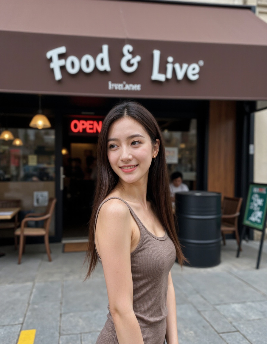 The image shows a person standing on a sidewalk in front of a cafe or restaurant entrance. The establishment has a brown awning with white lettering that reads "Food Live" followed by a word that is not fully visible due to the angle of the photo. The person is wearing a sleeveless top and has long,straight hair that falls past their shoulders. They are looking over their shoulder towards the camera with a slight smile on their face. The cafe entrance has a glass door with a red sign that says "OPEN" in white letters. On the right side of the door,there is a green sign with white lettering that is not clearly legible. The sidewalk is paved with grey tiles,and there is a yellow line painted on the ground. In the background,there are some chairs and a black barrel,and the cafe's interior can be seen through the glass door.,32K UHD,sharp focus,best-quality,masterpiece,unconventional supreme masterpiece,masterful details,depth of field,blurry background,blurry foreground,motion blur,going really fast masterpiece,deep focus,