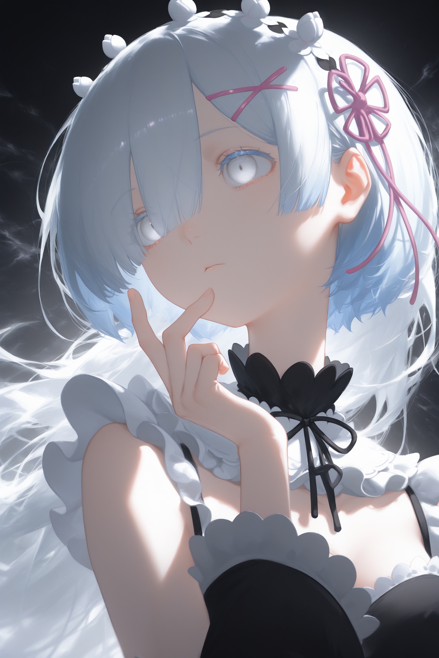 masterpiece,best quality,amazing quality,very aesthetic,absurdres,newest,1girl,rem \(re:zero\),re:zero kara hajimeru isekai seikatsu,masterpiece,black collar,black dress,hand up,white hair,long hair,white eyes,portrait,colored eyelashes,thinking,