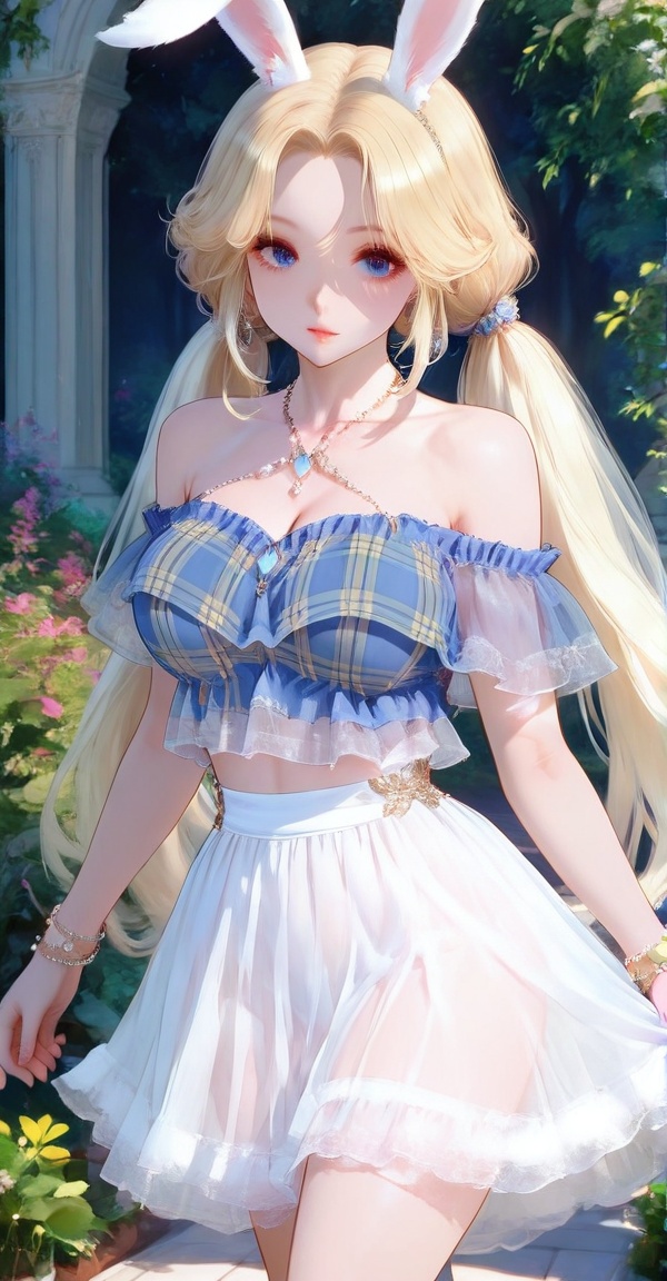 plaid shirt,  off-shoudler skirt,  rabbit ears on Tensor.Art