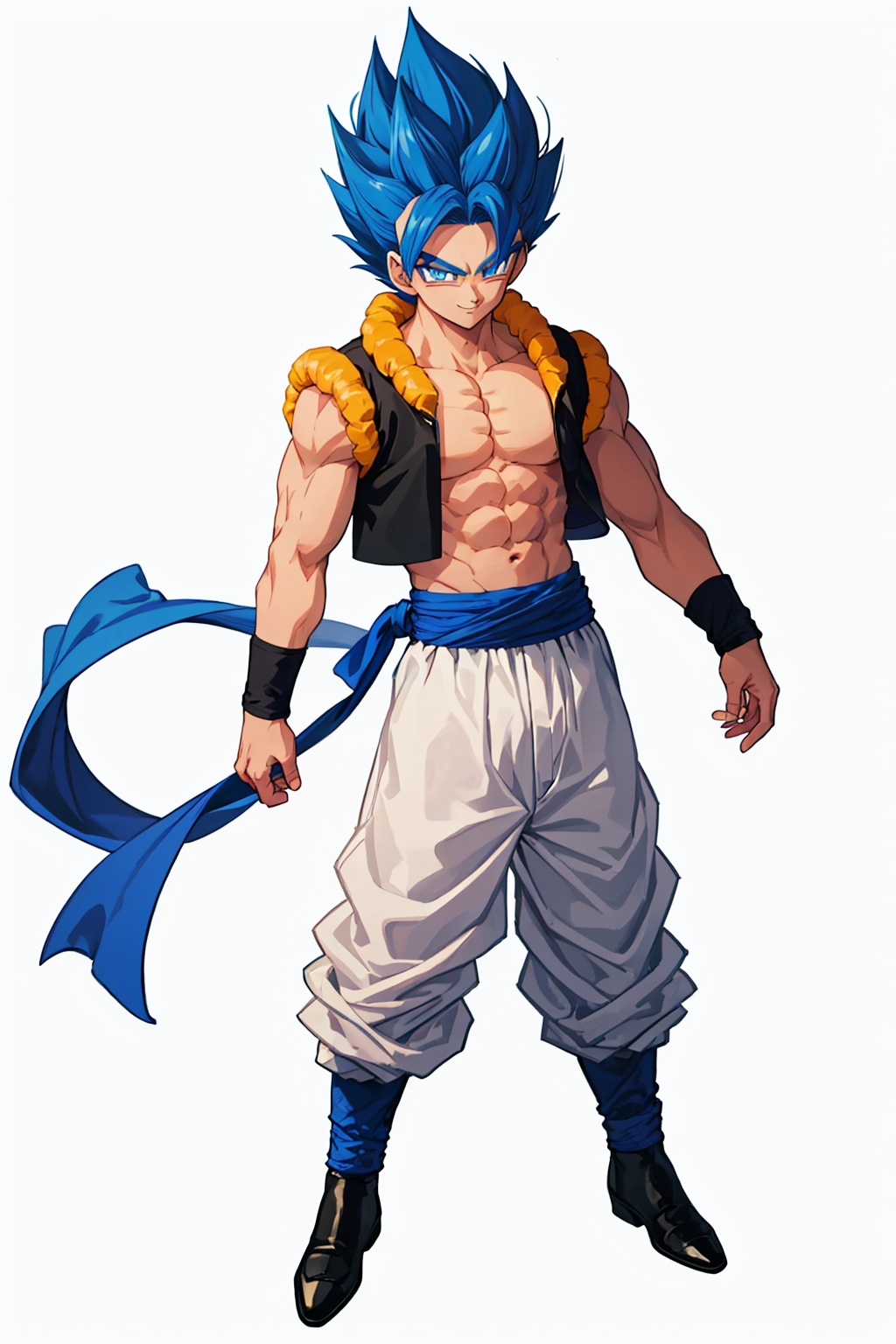 masterpiece,best quality, highly detailed, 1boy,blue sash,gogeta,male focus,solo,abs,closed mouth,looking at viewer,pectorals,white pants,super saiyan,wristband,standing,simple background,smile,white background,full body,vest,<lora:gogeta:1>