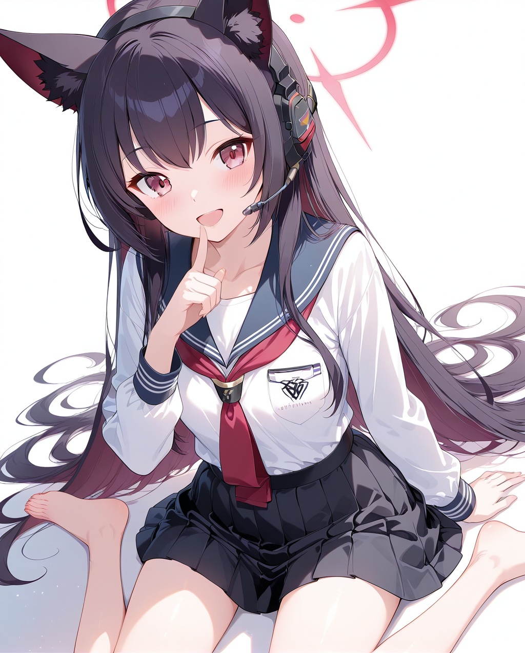 Shichido Yukino(blue archive),O,1girl,solo,skirt,animal ears,long hair,red eyes,black hair,black skirt,looking at viewer,long sleeves,white background,sailor collar,school uniform,halo,sitting,shirt,open mouth,headphones,pleated skirt,white shirt,simple background,smile,serafuku,headset,animal ear fluff,blush,bangs,hand up,barefoot,neckerchief,necktie,very long hair,shadow,wariza,red neckerchief,finger to mouth,red necktie,arm support,:d,(aesthetics 1.3),masterpiece,best quality,ultra HD,32K resolution,clear focus,delicate details,high-end texture,fashion photography,cinematic perspective,rich colors,color palette,advertisement style,tension composition,masterpiece,gentle atmosphere,latest,dynamic dutch angle,perspective composition,cover,