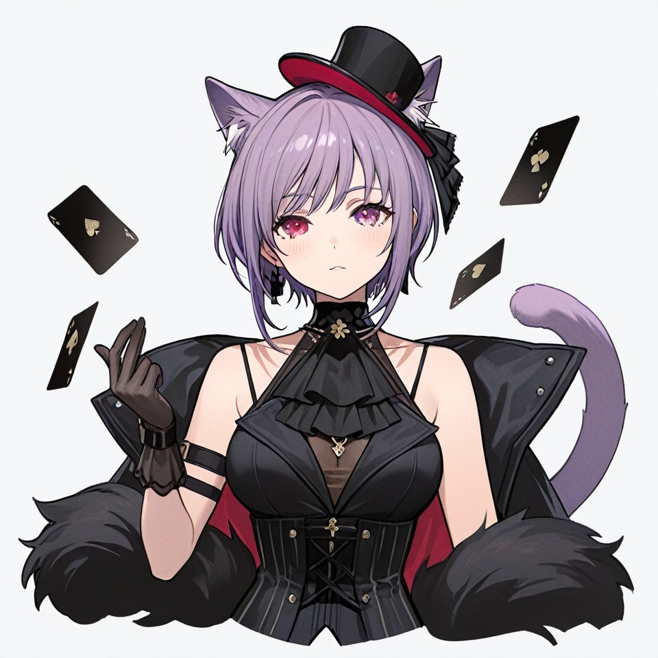 masterpiece, best quality,solo,(white background:1.2),simple background,1girl,looking at viewer,         Yuutenji Nyamu,short hair,purple eyes,red eyes,bangs,purple hair,breasts,skirt,thighhighs,gloves,hat, animal ears, jacket, tail,pantyhose,boots,sleeveless,black gloves,black footwear,high heels,black headwear,thigh boots,garter straps,top hat, card,<lora:舟喵-ill1:0.8>