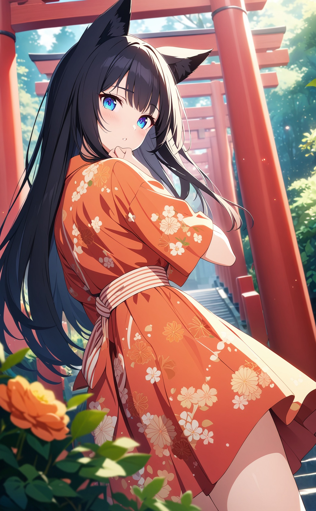 japanese girl with long black hair,  bang,  wearing an orange Floral yukata dress on Tensor.Art