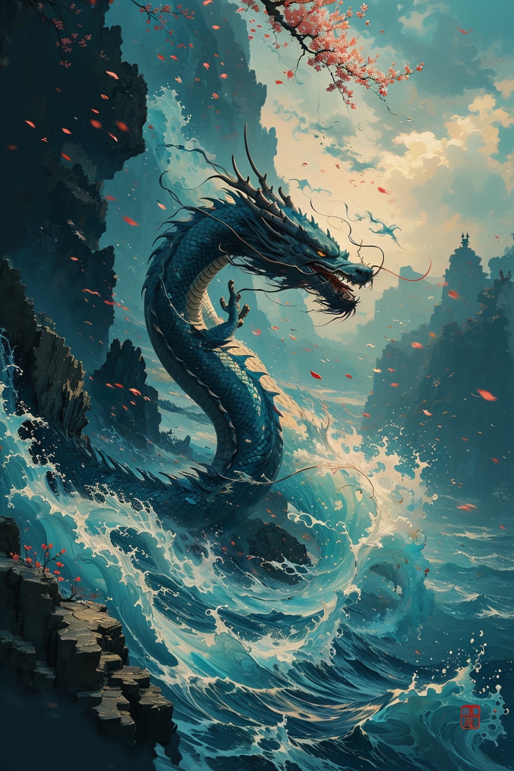 sdmai, guofenglong, no humans, dragon, scenery, water, eastern dragon, outdoors, cloud, fantasy, ocean <lora:国风龙sdmai,guofenglong:0.9>