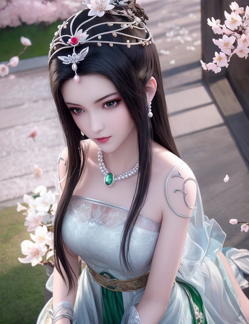 ultra realistic 8k cg, picture-perfect face, flawless, clean, masterpiece, professional artwork, famous artwork, cinematic lighting, cinematic bloom, perfect face, beautiful face, fantasy, dreamlike, unreal, science fiction,   lace, lace trim, lace-trimmed legwear,  (rich:1.4), prestige, luxury, jewelry, diamond, gold, pearl, gem, sapphire, ruby, emerald, intricate detail, delicate pattern, charming, alluring, seductive, erotic, enchanting, hair ornament, necklace, earrings, bracelet, armlet,halo((,1girl, pov,))  , ((((1girl, solo, ,cherry blossoms,outdoors, ))))<lora:DA_LinQingZhu:0.7>