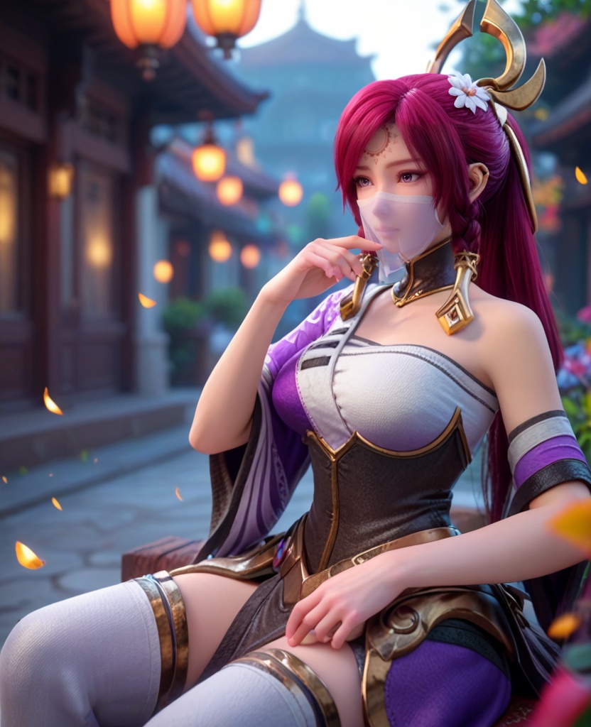 (oriental architecture, elegant decor, sophisticated style:1.1),(Sitting, one hand on the chin, looking contemplative,:1.1),(large breasts:1.2),<lora:XL王者荣耀伽罗:0.95>,miss jialuo,purple right side robe layered on top of white sarashi,red hair,ponytail,twin braids,hair ornament,hair tubes,detached collar,armored dress,forehead mark,bangs,purple eyes,hair flower,white thighhighs,(veil:1.1),, score_9,score_8_up,score_7_up,score_6_up,score_5_up,score_4_up,3d rendering,tag1,tag2, Cinematic Lighting,backlighting,, zPDXL3, zPDXL2,zPDXL, zPDXLxxx, zPDXLrl,