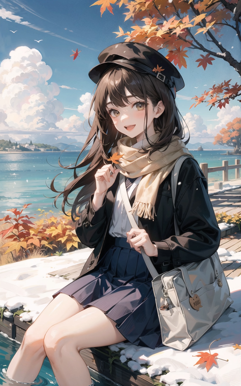 autumn, bag, autumn_leaves, scarf, school_bag, tree, leaf, bare_tree, 1girl, open_mouth, maple_leaf, smile, skirt, bag_charm, hat, solo, brown_hair, snow, shoulder_bag water, cloud, sky, sitting, town, ocean, long_hair, plant, outdoors