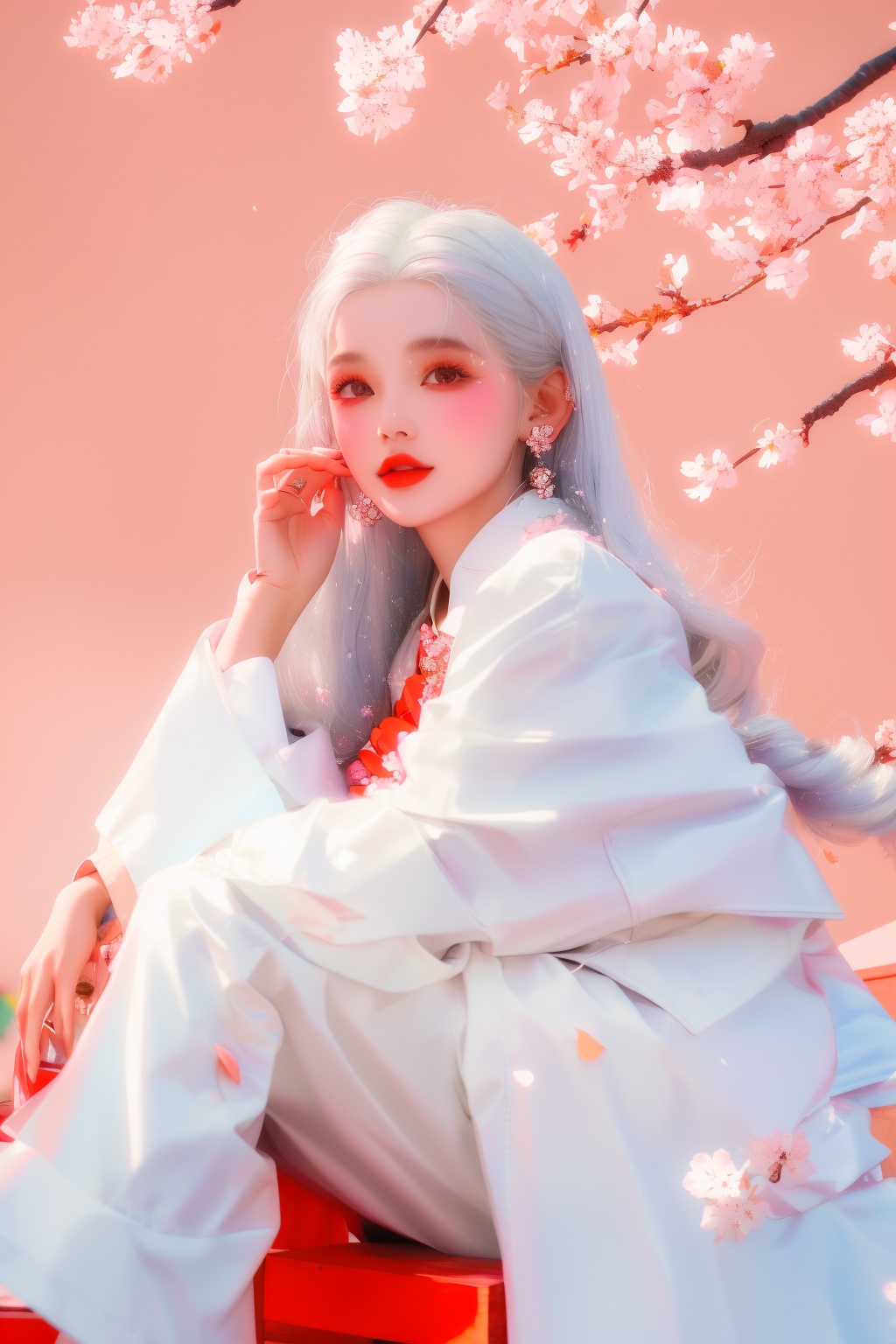 1girl,o_style,o_style,solo,1girl,jewelry,earrings,looking at viewer,parted lips,white hair,cherry blossoms,long sleeves,red lips,flower,long hair,sitting,hand up,petals,jacket,<lora:o_style_512_dreamshaper_8:0.8>,