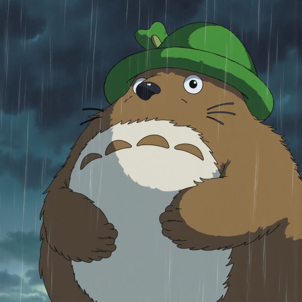 a ghiblify anime scene of a large,  furry,  brown and white creature with a green hat and green bow on Tensor.Art