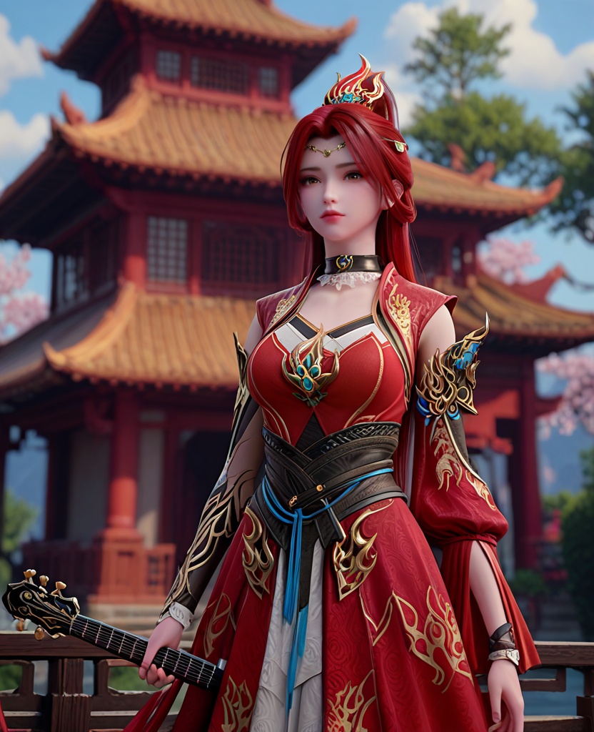 (oriental architecture, elegant decor, sophisticated style:1.1),(playing the guitar:1.1),looking at viewer,(breasts:1.2),<lora:XL斗破苍穹唐火儿:0.95>,miss tanghuoer,red dress,brown eyes,red hair,ponytail,hair ornament,long hair,choker,asymmetrical sleeves,sash,skirt,, score_9,score_8_up,score_7_up,score_6_up,score_5_up,score_4_up,3d rendering,tag1,tag2, Cinematic Lighting,backlighting,, zPDXL3, zPDXL2,zPDXL, zPDXLxxx, zPDXLrl,