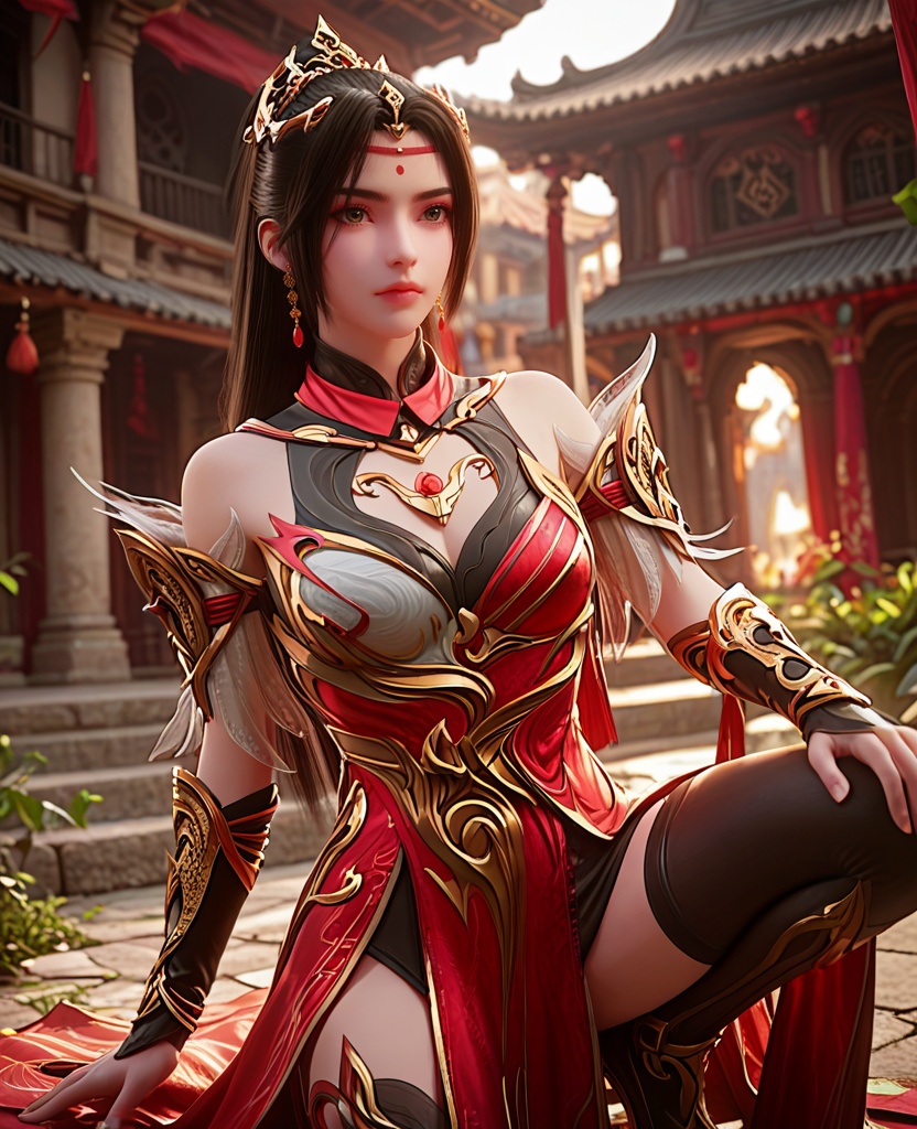 (oriental architecture, elegant decor, sophisticated style:1.1),Sneak Attack, Crouching low to the ground, ready to surprise the enemy,,(breasts:1.2),<lora:XL完美世界火烁>,miss huoshuo,solo,red dress with black lining underneath,bare shoulders,vambraces,armored gloves,greave,brown eyes,forehead mark,black hair,half tied ponytai,earrings,jewelry,leather pants,clothing cutout,, zPDXL2, score_9, score_8_up, score_7_up BREAK realistic, masterpiece,best quality, highly detailed,, zPDXL3, zPDXL2,zPDXL, zPDXLxxx, zPDXLrl,