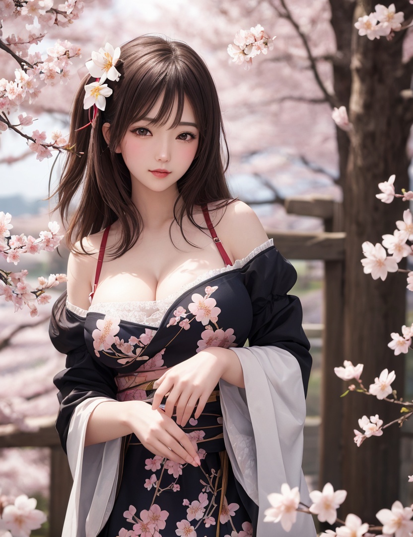 realistic, masterpiece, (,1girl, pov,best quality, ) , (,1girl, solo, large breasts, looking at viewer, cherry blossoms, )  <lora:Amy202010Halloween:0.6>