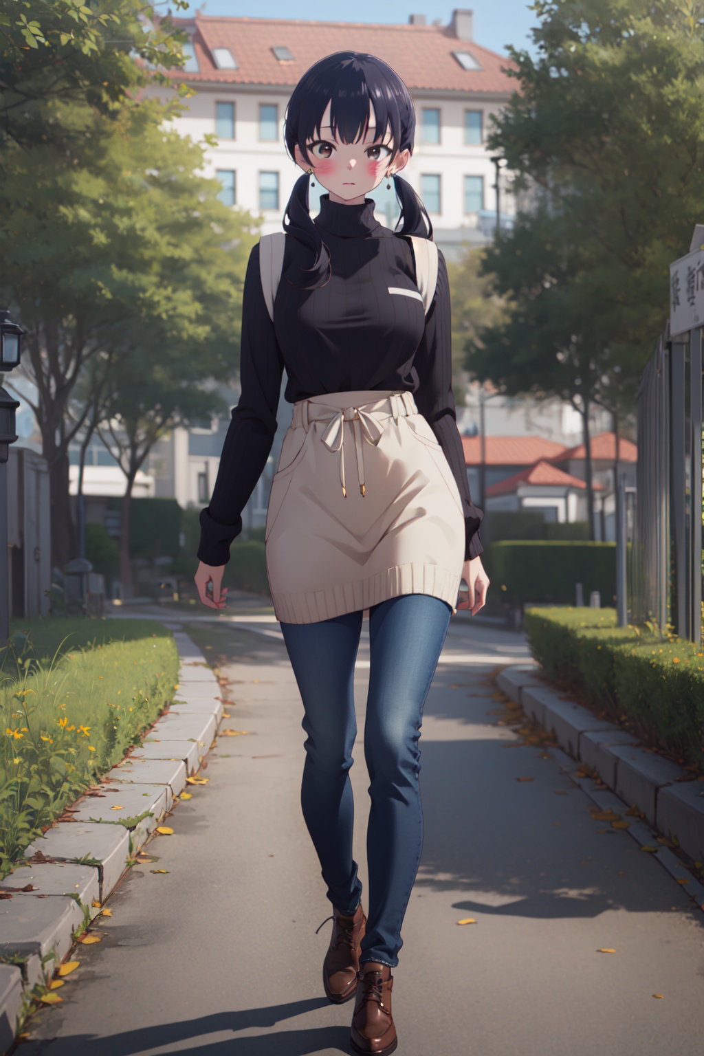 masterpiece,best quality,8k,ultra-detailed,1girl,solo,full body,looking at viewer,standing,<lora:lora-000007.by_tusi:0.8>,Anna_CYQL,black hair,twintails,low twintails,long hair,bangs,brown eyes,jewelry,earrings,blush,sweater,long sleeves,apron,denim,jeans,skirt,pants,turtleneck,ribbed sweater,BREAKCity garden, Parks, Green spaces, Flowers, Relaxation,