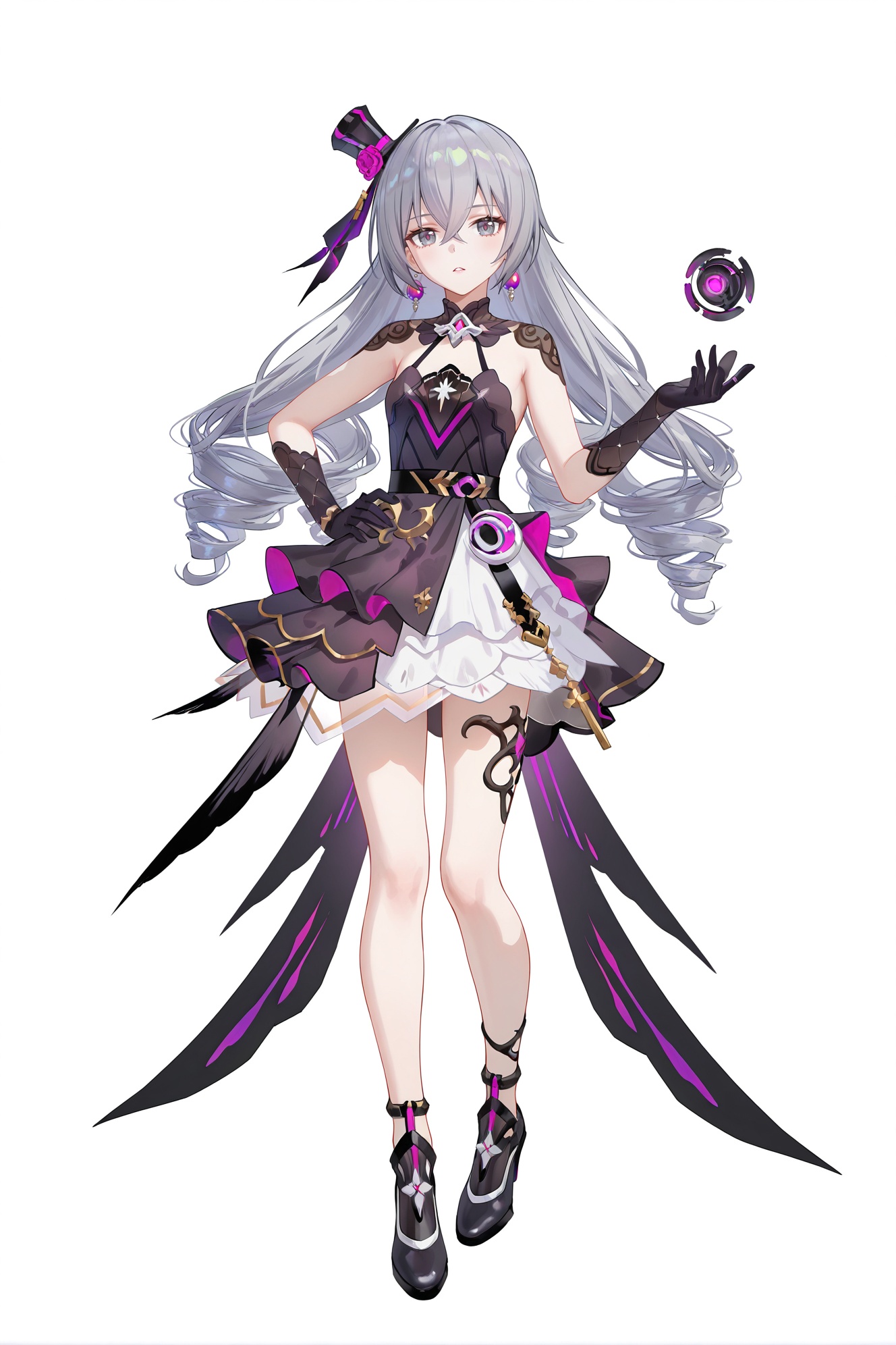 8k,best quality,masterpiece,(ultra-detailed),(high detailed skin),((artist:reoen),(artist:fuzichoco),(artist:atdan),(artist:torino_aqua),year 2024:0.8)1girl,[artist:wlop],[artist:ningen_mame],artist:ciloranko,[[artist:rhasta]],artist:tidsean,colorful,full body,full shot,standing,looking at viewer,(solo:1.2),simple background,(white background:1.2),hand on own hip,(white background:1.1),<lora:BronyaZaychik-zhenli-ill-Tanger:0.8>,Bronya Zaychik \(Magic Girl Bronya\),clothes: Magic Girl Bronya dress,Magic Girl Bronya black high heels,Magic Girl Bronya hat,1girl,bangs,grey eyes,black gloves,long hair,grey hair,