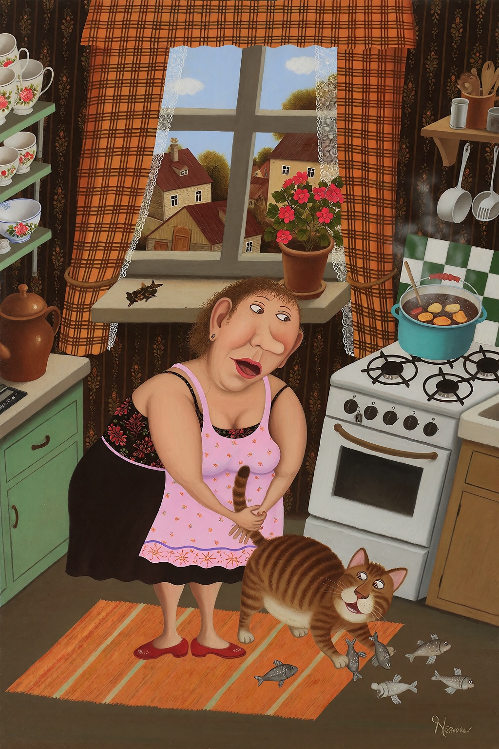 A chubby striped cat stealing fish from the kitchen table,  grandma in an apron gasps,  a pot of soup boils on the stove o...