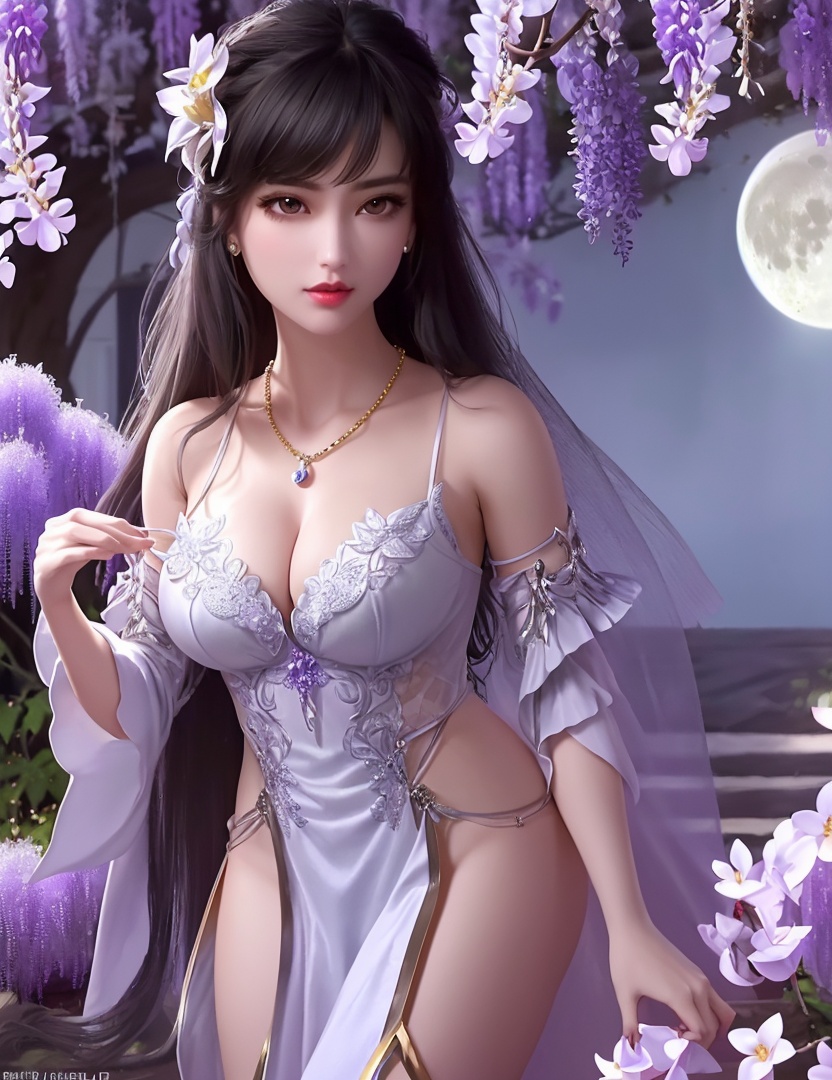 ultra realistic 8k cg, picture-perfect face, flawless, clean, masterpiece, professional artwork, famous artwork, cinematic lighting, cinematic bloom, perfect face, beautiful face, fantasy, dreamlike, unreal, science fiction,   lace, lace trim, lace-trimmed legwear,  (rich:1.4), prestige, luxury, jewelry, diamond, gold, pearl, gem, sapphire, ruby, emerald, intricate detail, delicate pattern, charming, alluring, seductive, erotic, enchanting, hair ornament, necklace, earrings, bracelet, armlet,halo((,1girl, pov,))(((1girl, jewelry, solo,breasts, looking_at_viewer,  outdoors,  full moon,  upper body, wisteria, chloris garden,  cherry blossoms, )))    <lora:DA_YueChanTeen:0.6>