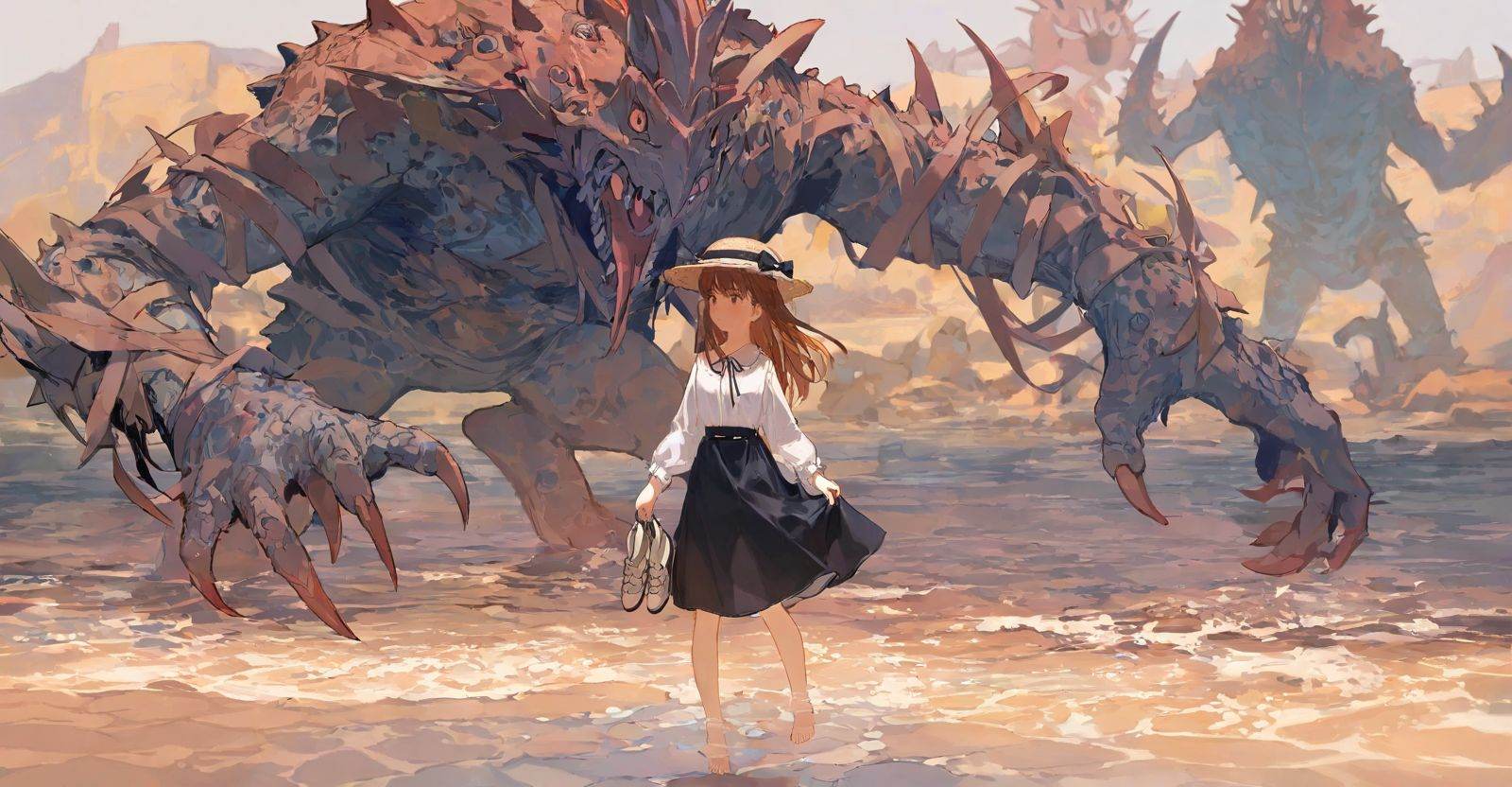 highres,extremely detailed 8k wallpaper,illustration,depth of field,great quality,masterpiece,best quality,amazing quality,very aesthetic,absurdres,Japanese fantasy style,artist:ciloranko BREAK<lora:Japanese fantasy style:0.8>, -1girl, hat, long hair, brown hair, water, wading, holding, shirt, white shirt, skirt, shoes, long sleeves, black skirt, standing, bag, hat bow, bow, dress, outdoors, ribbon, holding shoes, straw hat, sun hat, monster, barefoot, bangs, shoes removed