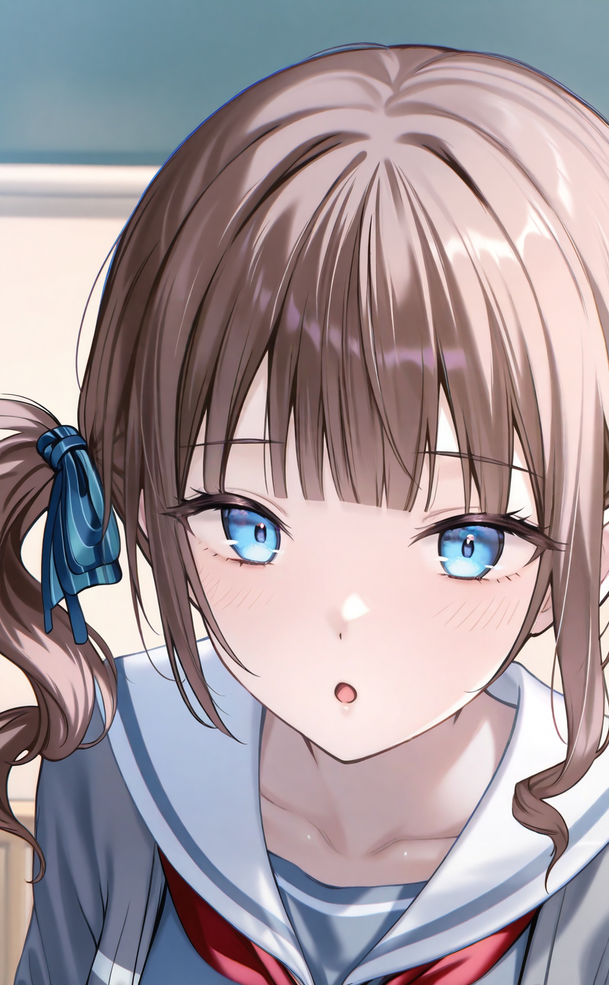 masterpiece,absurdres,best quality,high quality,chromatic_aberration,//,1girl, miyamasuzaka_girls'_academy_school_uniform, side_ponytail, red_neckerchief, solo, :o, looking_at_viewer, white_sailor_collar, side_drill, brown_hair, sailor_collar, school_uniform, striped_ribbon, collarbone, blue_eyes, dot_nose, close-up, ribbon, neckerchief, hair_ribbon, light_blush, blunt_bangs, drill_hair, shirt, portrait, upper_body, blue_shirt, cardigan, serafuku, open_mouth, blue_ribbon, sidelocks, curly_hair, open_clothes, parted_lips, blush, grey_serafuku, eyelashes, open_cardigan, wavy_hair, indoors, double_horizontal_stripe//,//,<lora:timmoo——【CKXL】hans:1>,