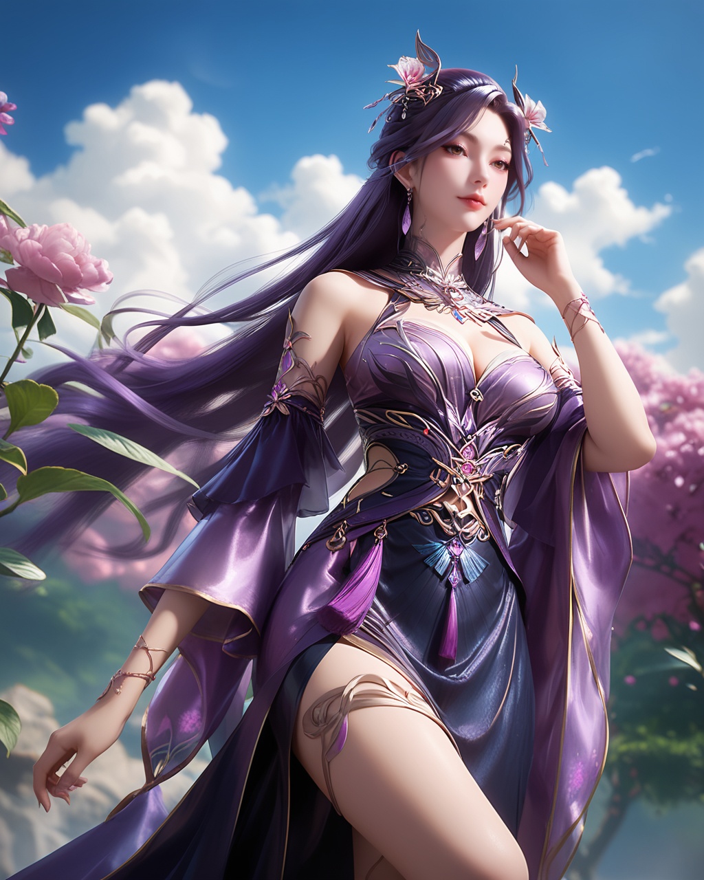1girl,solo,long hair,breast,medium breast,earrings,hair_ornament,dress,bare_legs,(gaden:1.1),(flower:1.1),sky,day,thick_thighs,brown eyes,purple hair,<lora:wy_yanqingcheng_XL5.0:0.8>,facial imprint,, score_9,score_8_up,score_7_up,score_6_up,score_5_up,score_4_up,