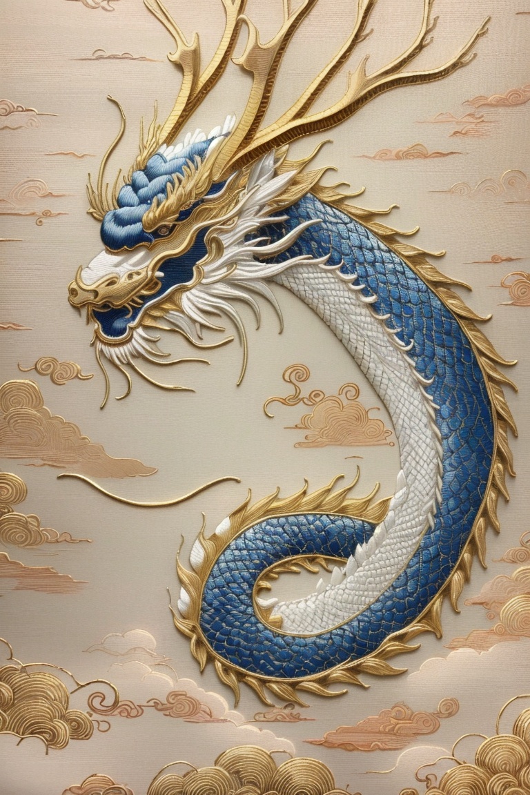 ((HRD, HUD, 8K)),((masterpiece, best quality)), highly detailed,Embroidery, no humans, eastern dragon, dragon, cloud, horns, traditional media, scales, solo, looking at viewer,  <lora:20240520-1716211516835:0.7>