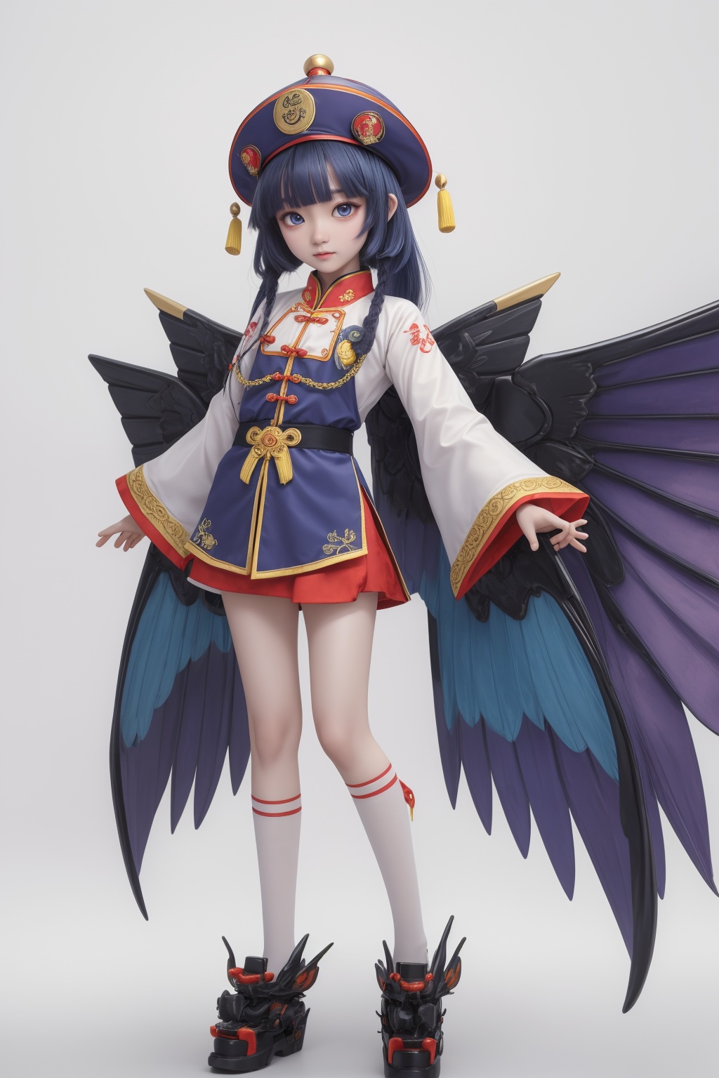 (Detailed eye description),(Detailed face description),colorful,looking at viewer,solo,(full body:1.1),(Jiangshi:1.4)((mecha body:1.1),detail mecha body,wet body,(mechanical wings),(giant wings:1.1),detail wings):0.5),expressionless,pale skin,blue eyes,forehead mark,ba gua,tai chi,yin yang,claws,death,[chinese clothes, china dress,[taoist robes, celestial being uniform]],