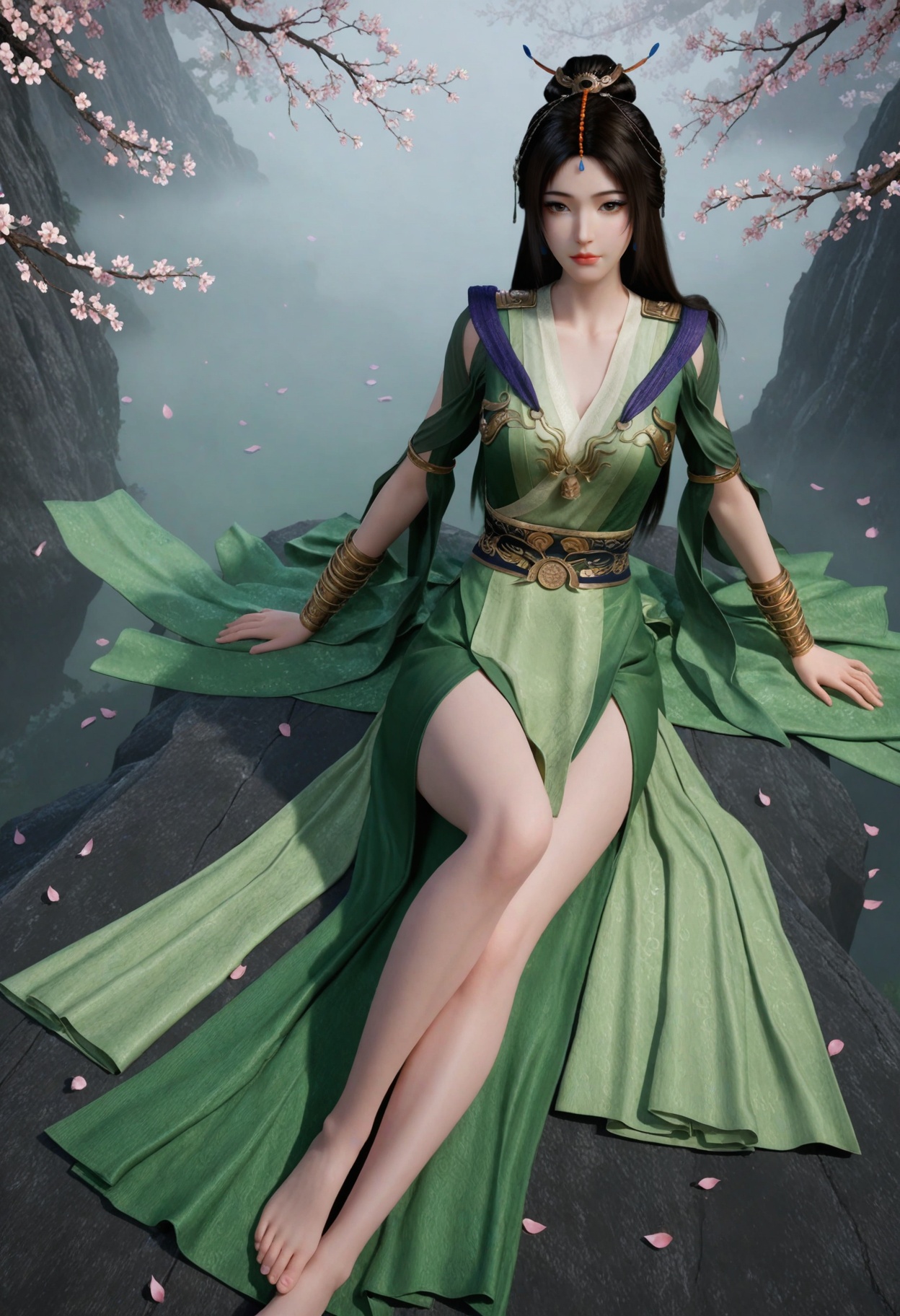 (looking at viewer:1.1),(moody lighting:1.1),peach blossom,falling petals,(large breasts:0.8),liuyu,1girl,solo,black hair,hair ornament,long hair,green dress,realistic,dress,chinese clothes,closed mouth,jewelry,bracelet,sash,hair bun,brown eyes,clothing cutout,barefoot BREAK masterpiece,(best quality),(intricate details:0.9),(realistic skin:1.2),<lora:QQSillliuyuV1:0.8>,