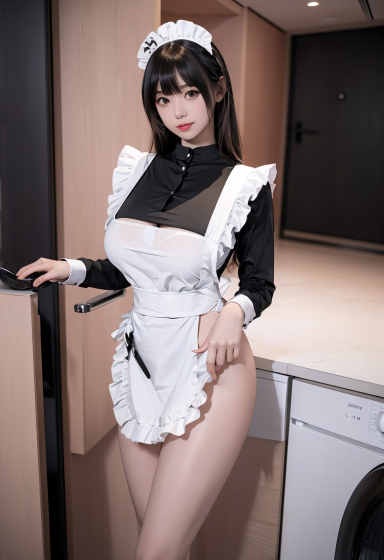 (masterpiece, best quality:1.4),finely detailed,1girl,solo,pale skin,perfect body,(gigantic breasts:1.2),standing,<lora:性感女仆围裙制服8-000008:0.8>,apron,leotard,maid,maid apron,maid headdress,