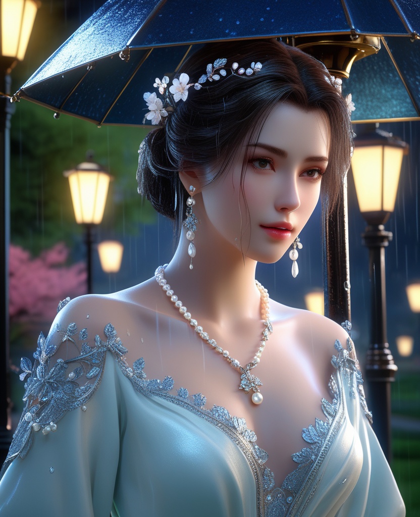 <lora:592-DA-XL-星辰变-姜立:0.8>(,1girl, ,best quality, ),looking at viewer, ,ultra detailed 8k cg, ultra detailed background,  ultra realistic 8k cg,          cinematic lighting, cinematic bloom, (( , )),,  , unreal, science fiction,  luxury, jewelry, diamond, pearl, gem, sapphire, ruby, emerald, intricate detail, delicate pattern, charming, alluring, seductive, erotic, enchanting, hair ornament, necklace, earrings, bracelet, armlet,halo,masterpiece, (( , )),,  ,cherry blossoms,(((, night,night sky,lamppost,  ultra high res, (photorealistic:1.4), raw photo, 1girl, , rain, sweat, ,wet, )))(( , ))   (cleavage), (),