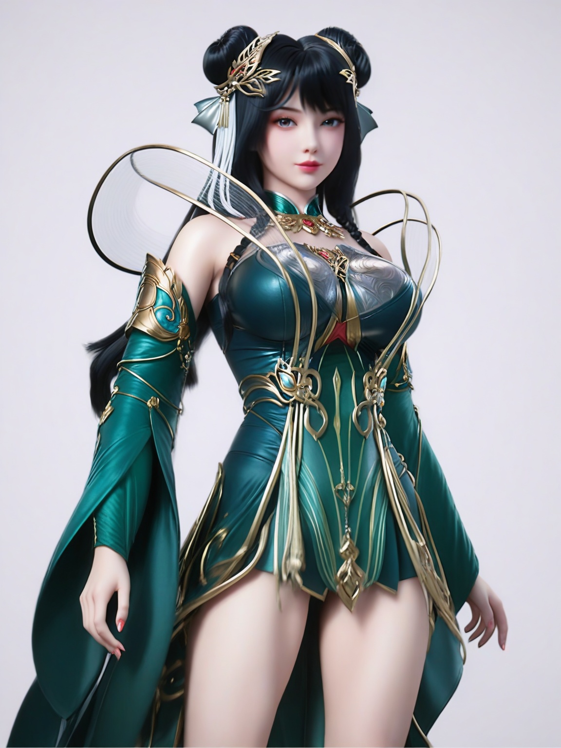 score_9,<lora:SF_HangFuLing2_Pony_Realism2.3-000004:0.7>,1girl,breasts,large breasts,standing,hair ornament,solo,lipstick,black hair,dress,jewelry,detached sleeves,green dress,double bun,skirt,cowboy shot,bare legs,looking at viewer,white background,simple background,