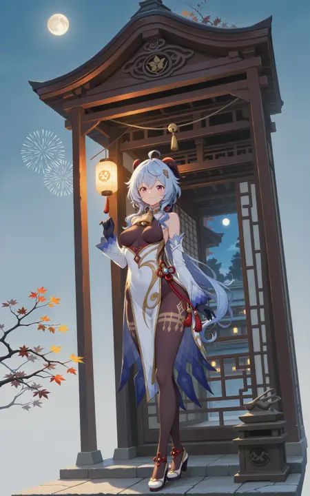 masterpiece,best quality,1girl,solo,absurdres,[grey background,::5],[:1girl, ganyu \(genshin impact\), solo, gloves, horns, blue hair, moon, full moon, lantern, ahoge, night, bell, high heels, vision \(genshin impact\), full body, black gloves, breasts, purple eyes, night sky, fireworks, looking at viewer, bare shoulders, thighlet, leaf, sky, alternate costume, detached sleeves, dress, bangs, long hair, medium breasts, autumn leaves, hair ornament, tree, paper lantern, smile, maple leaf, architecture, neck bell, east asian architecture, sidelocks, flower, standing:2] upper body,<lora:dmd2 4 steps color fix:1>,