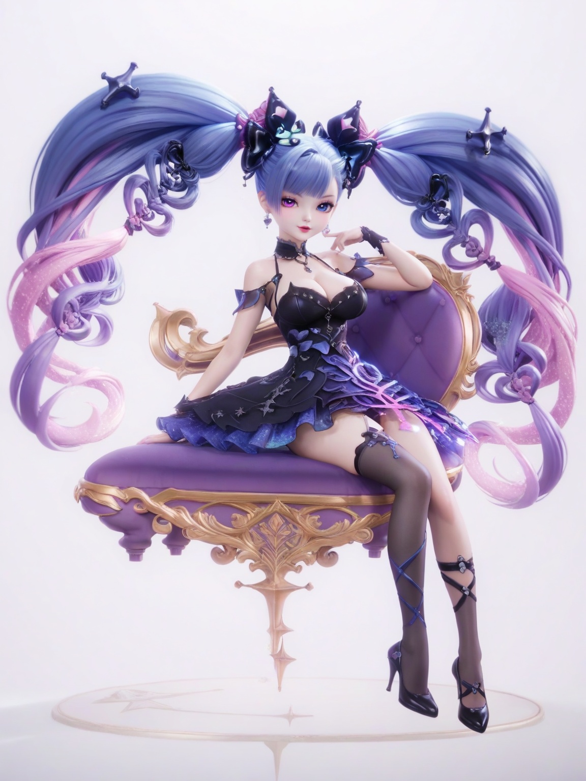 score_9,<lora:SF_AnQiLa_Pony_Realism2.3-000005:0.7>,1girl,breasts,large breasts,sitting,hair ornament,heterochromia,solo,lipstick,loli,dress,jewelry,absurdly long hair,multicolored hair,asymmetrical legwear,black dress,full body,looking at viewer,white background,simple background,