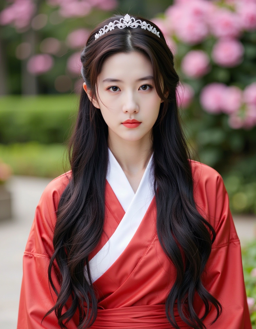 The image is a portrait of a young woman with long dark hair styled in a traditional Chinese hairstyle. She is wearing a red kimono with a white collar and a white blouse underneath. Her hair is styled in loose waves and cascades down her back,with a small tiara on top of her head. She has a serious expression on her face and is looking directly at the camera. The background is blurred,but it appears to be a garden or park with pink flowers and greenery. The overall mood of the image is elegant and regal.,