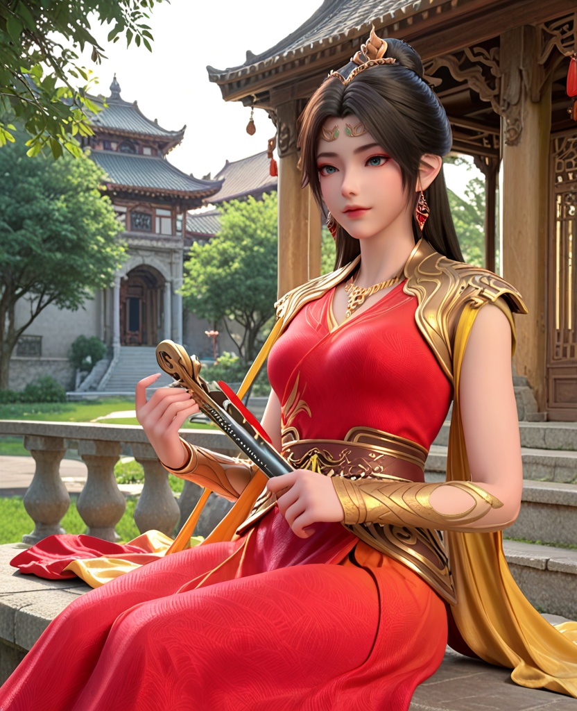 (oriental architecture, elegant decor, sophisticated style:1.1),(Sitting on a bench in a park, holding a musical instrument, lost in the joy of playing music,:1.1),(breasts:1.2),<lora:XL神墓东方凤凰:0.95>,miss dongfangfenghuang,red dress,sash,pauldrons,necklace,blue eyes,black hair,hair ornament,hair bun,earrings,jewelry,shawl sleeves,bracer,, score_9,score_8_up,score_7_up,score_6_up,score_5_up,score_4_up,3d rendering,tag1,tag2, Cinematic Lighting,backlighting,