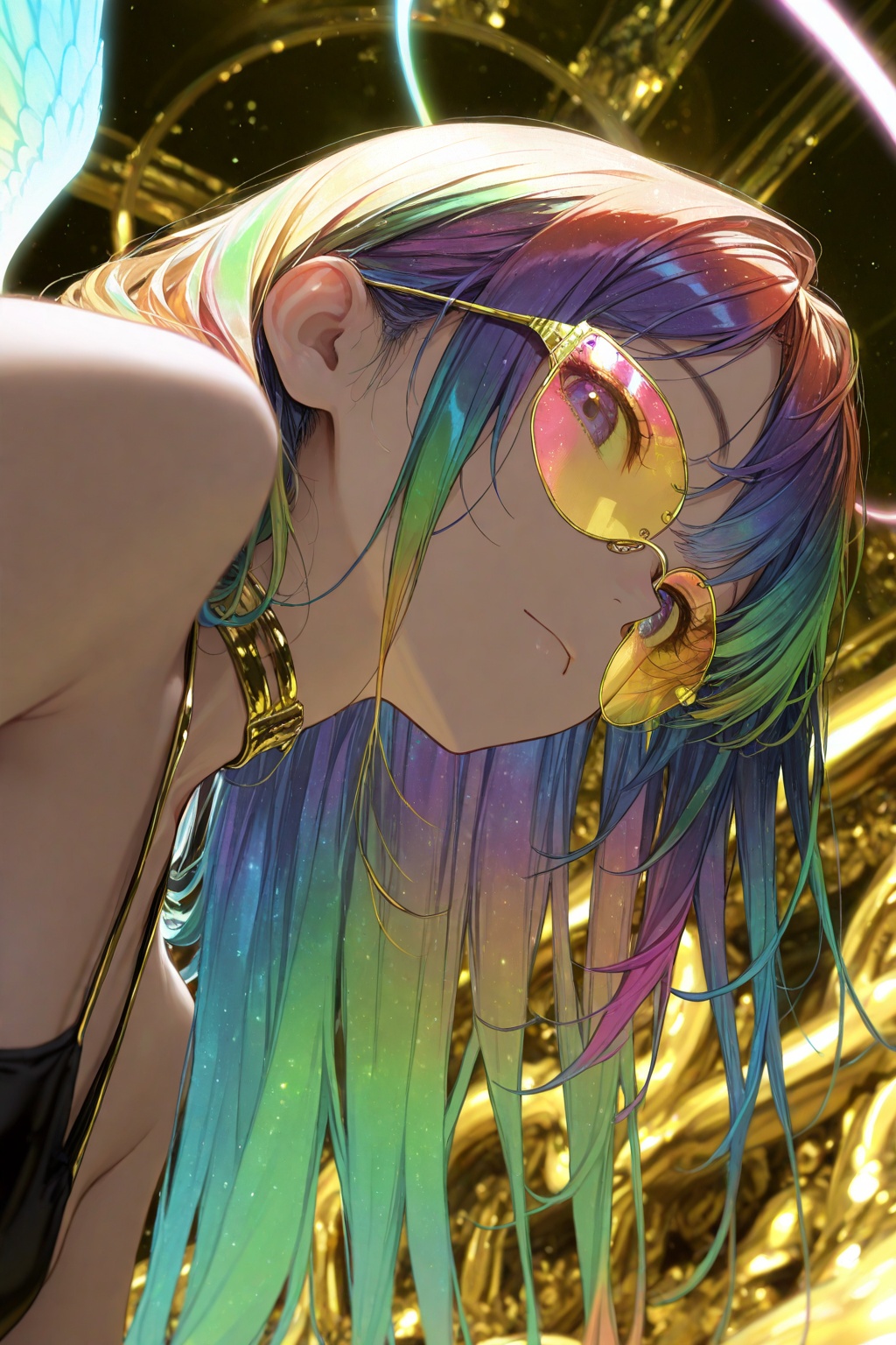 masterpiece,best quality,good quality,very aesthetic,absurdres,newest,8K,depth of field,focused subject,close up,stylized,in gold and neon shades,wabi sabi,1girl,rainbow angel wings,looking at viewer,dynamic angle,from below,from side,relaxing,