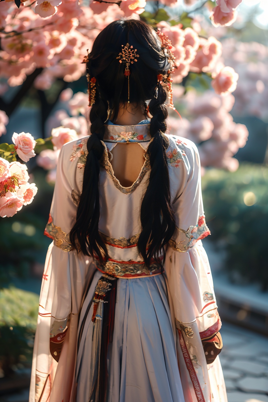 masterpiece, best quality, realistic, 1girl, gufeng style, solo, long hair, black hair, hair ornament, jewelry, standing, braid, flower, outdoors, day, from behind, blurry, tree, depth of field, sunlight, plant, branch<lora:Tensorxy_Gufeng_BD_LoRA_v1.:0.7>
