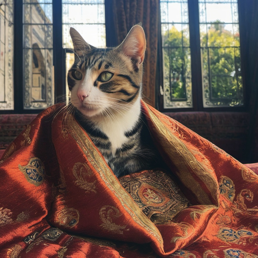 During the golden age of the Ottoman Empire,  my cat,  draped in luxurious textiles on Tensor.Art