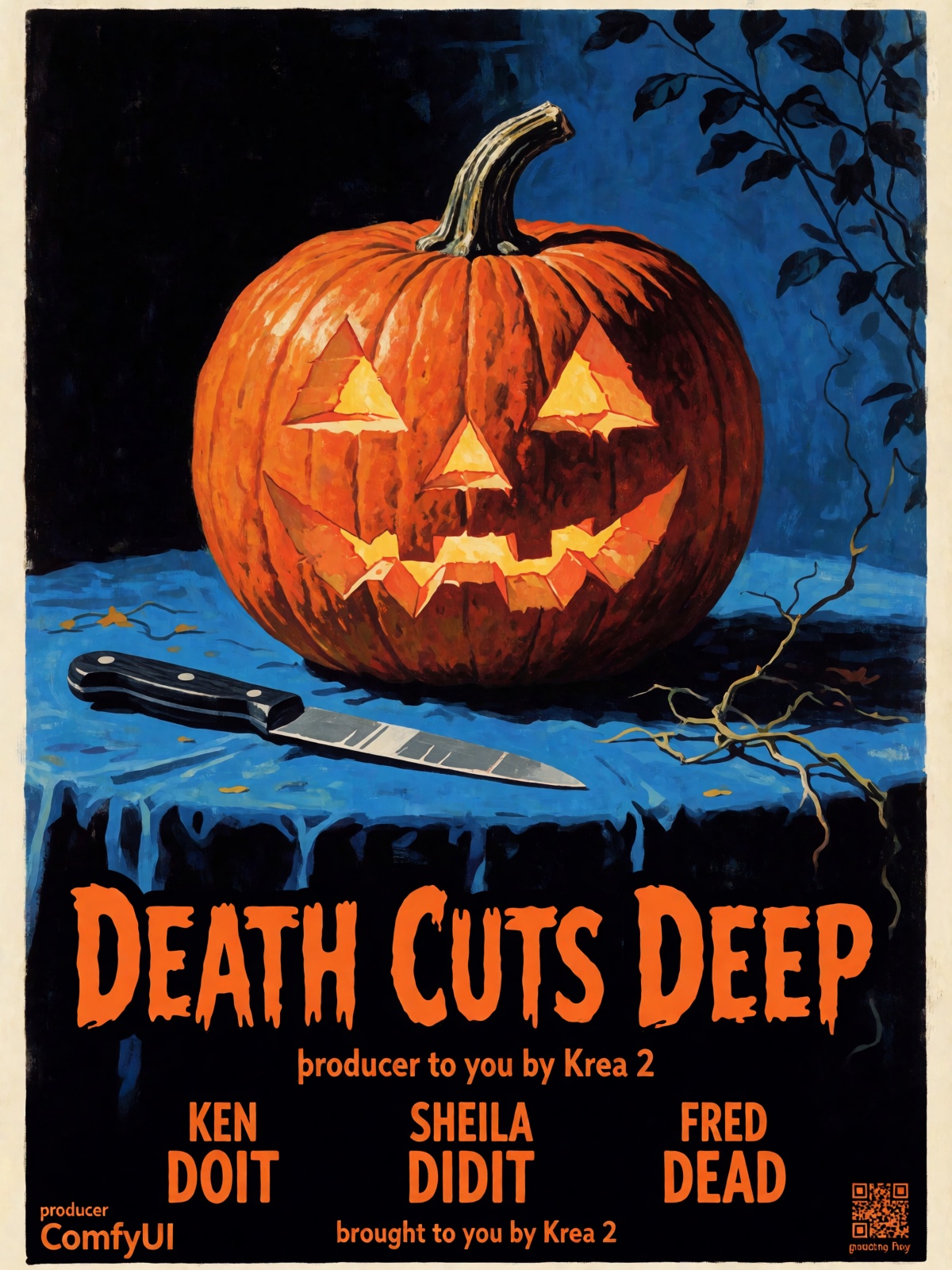 Vintage Movie poster in 3 colours: black,  orange,  blue. There is a carved pumpkin sitting on a table on Tensor.Art