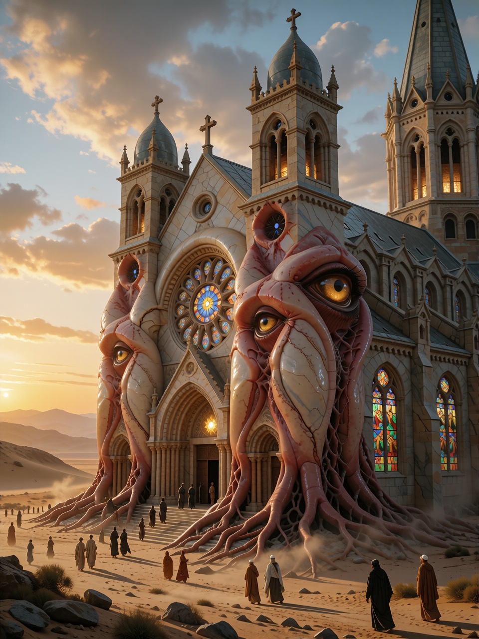 A colossal living cathedral walking across a desert at sunset,  its walls made of flesh,  stained glass on Tensor.Art
