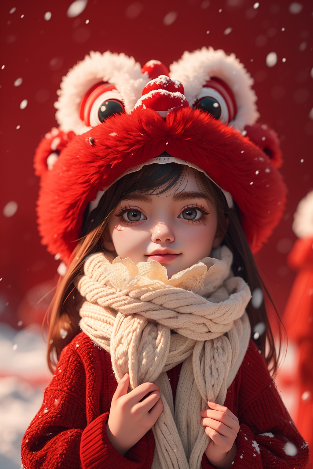 1girl,scarf,red_background,upper body,snow,<lora:麻袋2024-015:0.7>,, masterpiece,best quality,ultra-detailed,