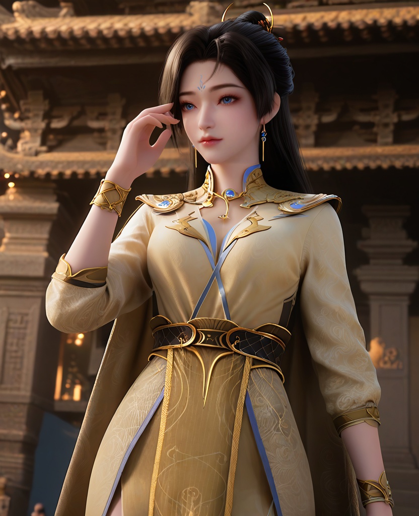 (oriental architecture, elegant decor, sophisticated style:1.1),(Hands on the face, peeking through fingers,:1.1),(breasts:1.2),<lora:XL16遮天薇薇:0.95>,miss weiwei,beige dress,blue eyes,forehead mark,black hair,long hair,hair ornament,earrings,jewelry,belt,cape,wrist support,pelvic curtain,, score_9,score_8_up,score_7_up,score_6_up,score_5_up,score_4_up,3d rendering,tag1,tag2, Cinematic Lighting,backlighting,