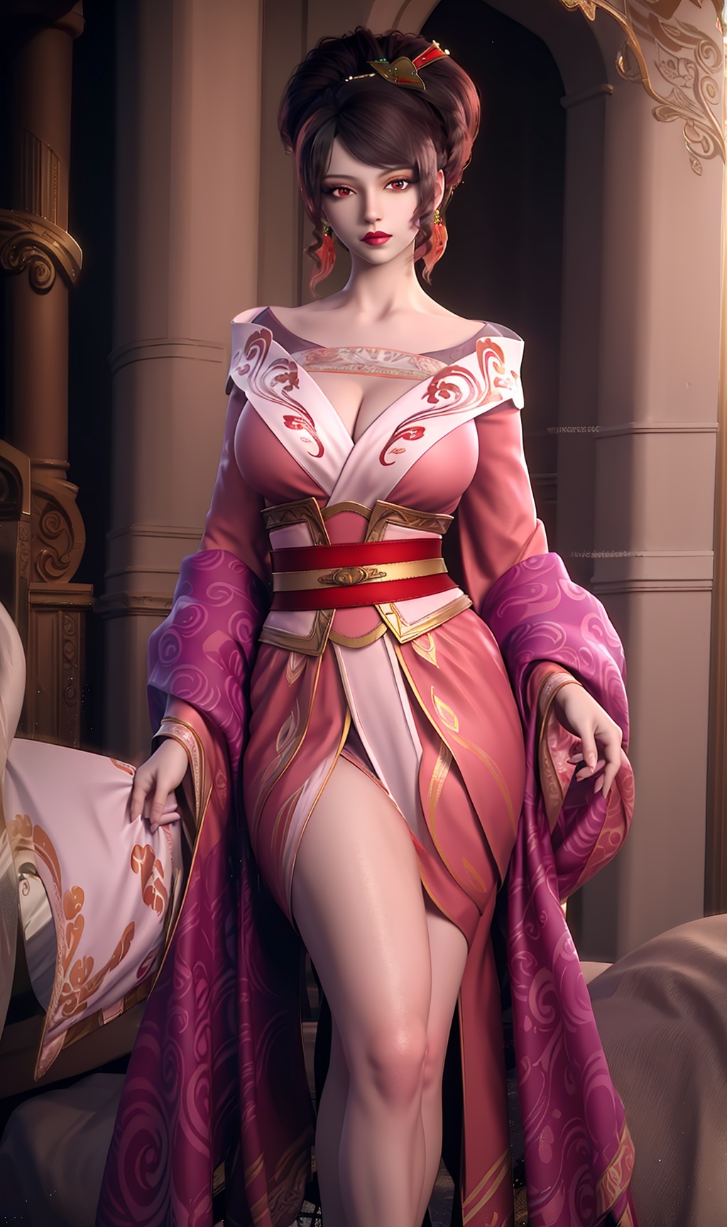 3D,masterpiece,(best quality),(makeup),official art, extremely detailed cg 8k wallpaper,((crystalstexture skin)), (extremely delicate and beautiful),(highly detailed),(face),(tiara),(hairpin),(closed_mouth),(1girl), (solo), (jewelry), (earrings),(brown_hair),(long_hair),(hair_ornament),(handwear),(breasts),(standing),(hand),((upper_body)),(dress),(skirt),(shiny_clothes),(city,outdoor,bed),(belt),(long_sleeves),(multicolored_clothes),(multicolored_dress),(sash),(long_legs,thighs),,((looking_at_viewer)),((Facing the camera)), <lora:hipoly3DModelLora_v10:0.3>