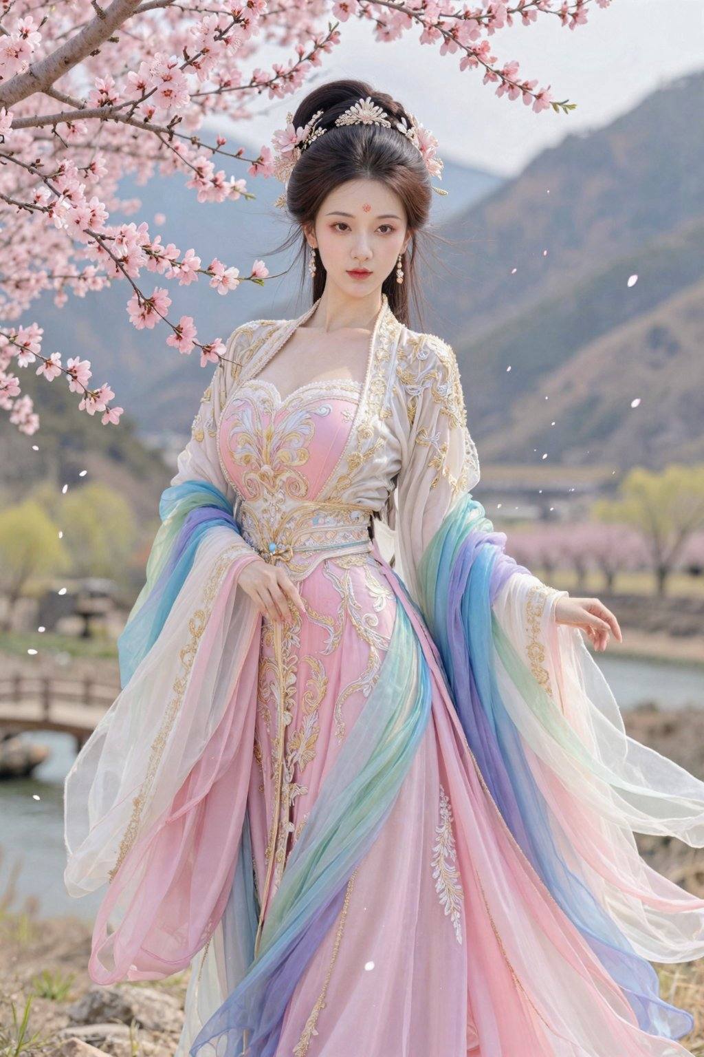 这是一张照片，照片中的中国古代女性肤色白皙，站在桃花树下，大量飄逸的花瓣。她身着一件紧身粉彩色调的刺绣汉服，粉色、蓝色、绿色、紫色、金色、白色、六色渐变。她神情宁静，目光温柔地望着镜头。粉色的桃花枝条点缀着画面左侧，更添一份精致的传统美感。背景中远处高山河流，近处小桥流水，自然光线柔和地洒落在画面上。