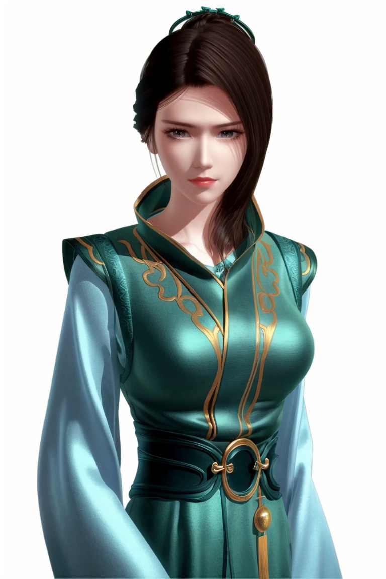 ((HRD, HUD, 8K)),((masterpiece, best quality)), highly detailed,1girl, solo, hair bun, brown hair, long hair, black hair, brown eyes, lips, chinese clothes, green dress, dress, simple background, white background, upper body, standing, looking at viewer,  <lora:20240511-1715391469403:0.72>