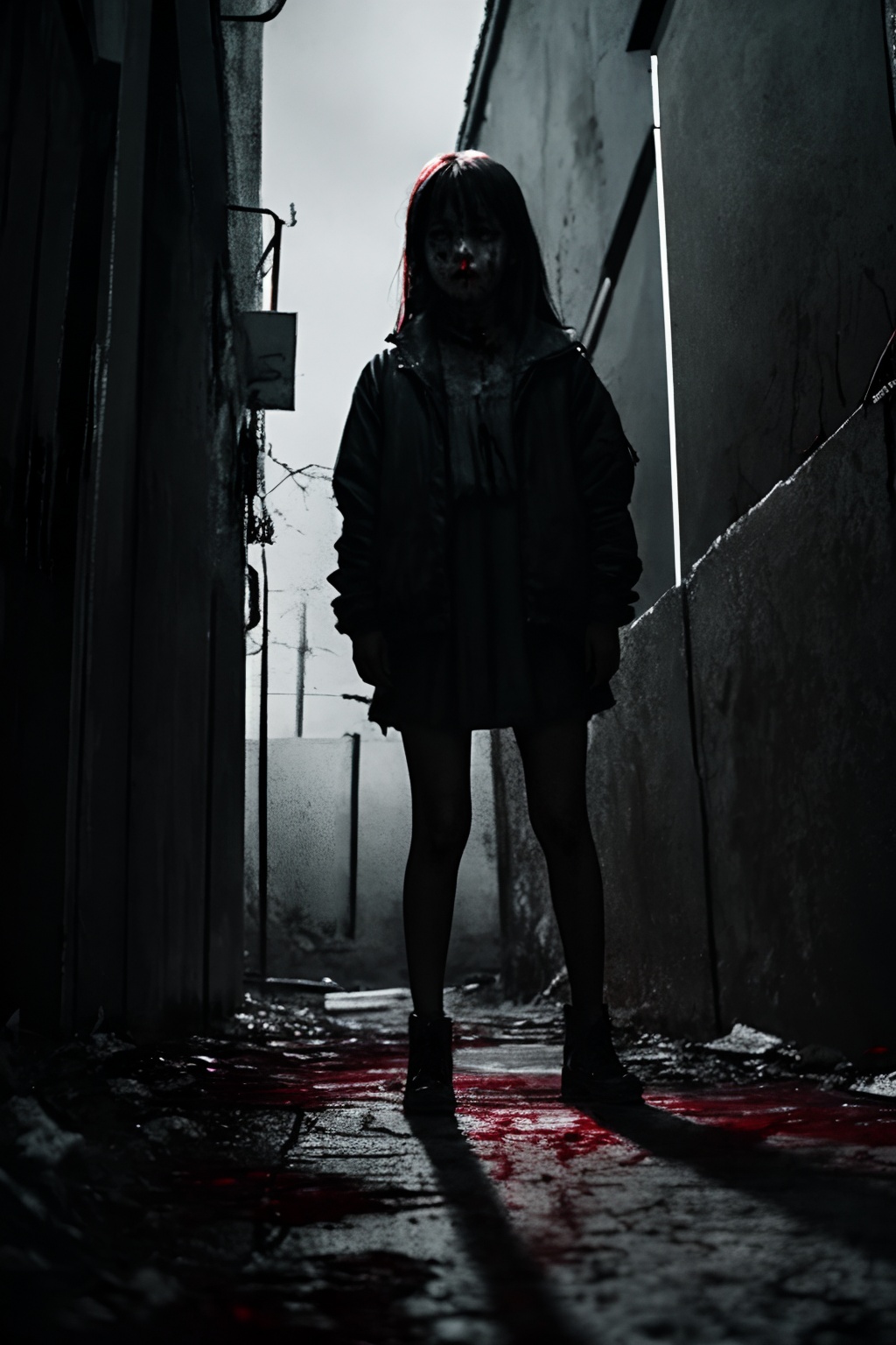 1girl,<lora:loneliness_15_v2:0.8>,night,dark,1girl,blood on face,scared,holding a bone,full body,outdoors,