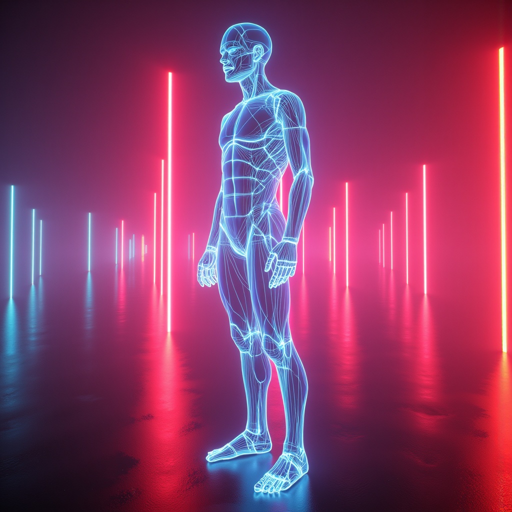 arafed image of a man standing in a neon light,ash thorp,cgsociety 9,3 d render of a full female body,glowing neon vray,Mike Winkelmann,greg beeple,xparticles,gynoid body,octane render : :,full body cgsociety,beeple art,beeple masterpiece,digital human,beeple |,futuristic robot body,3d render of a man's body,rendred in redshift,wlop : : 6 octane render : :3,full body 8k,physicality-based render,3 d sculpture 8 k octane render,3 d neon art of a womens body,quality astral projection render,symetric body,beeple and mike winkelmann,cinematic beeple,3 d geometric neon shapes,dmt imagery. octane render,glowing neon skin,beeple artwork,octane render aesethic,beeple global illumination,